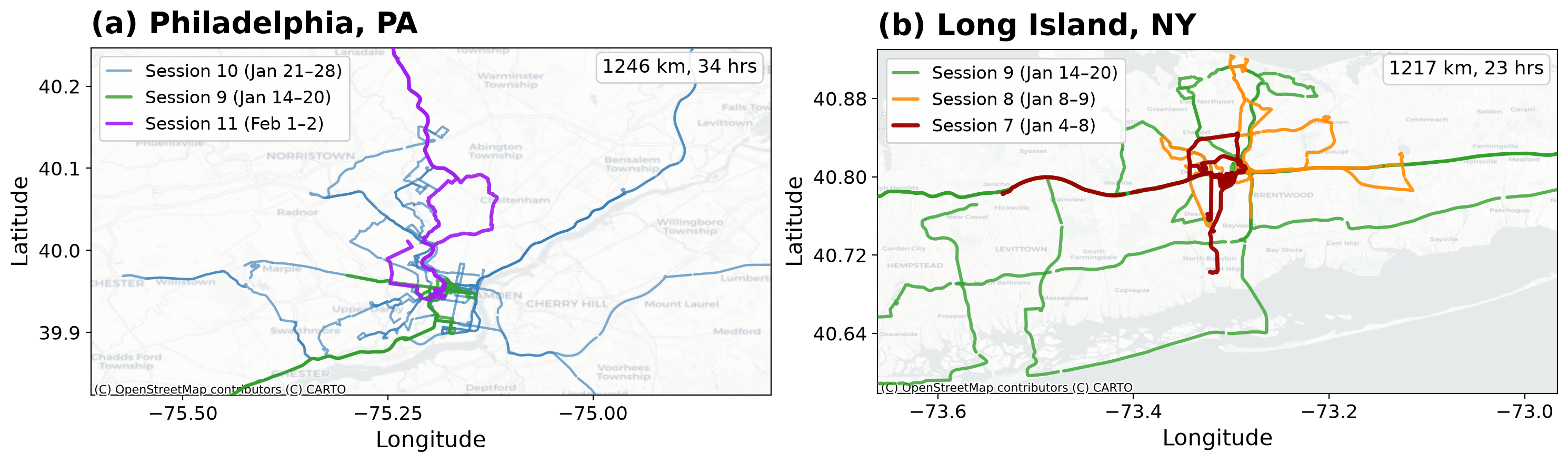 GPS routes covering Philadelphia, PA and Long Island, NY
