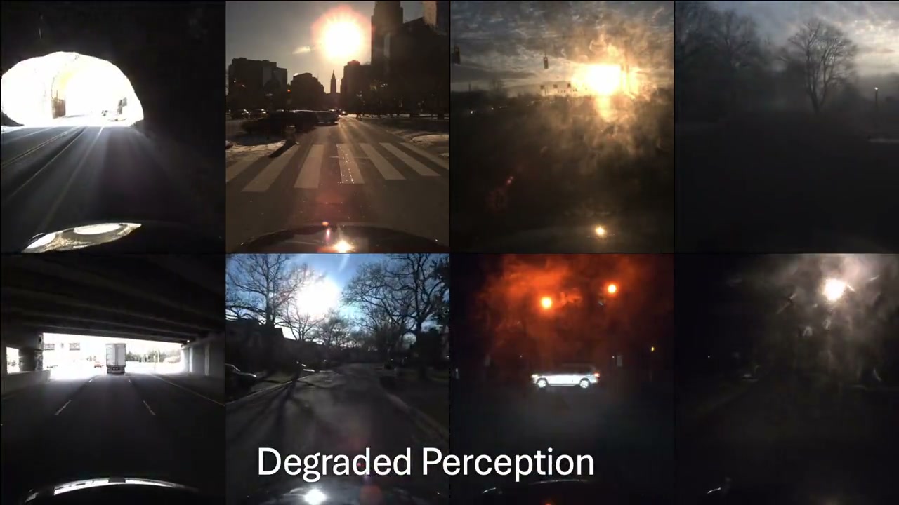 Degraded perception: tunnels, blinding sun, lens flare, fog, and near-darkness washing out the camera