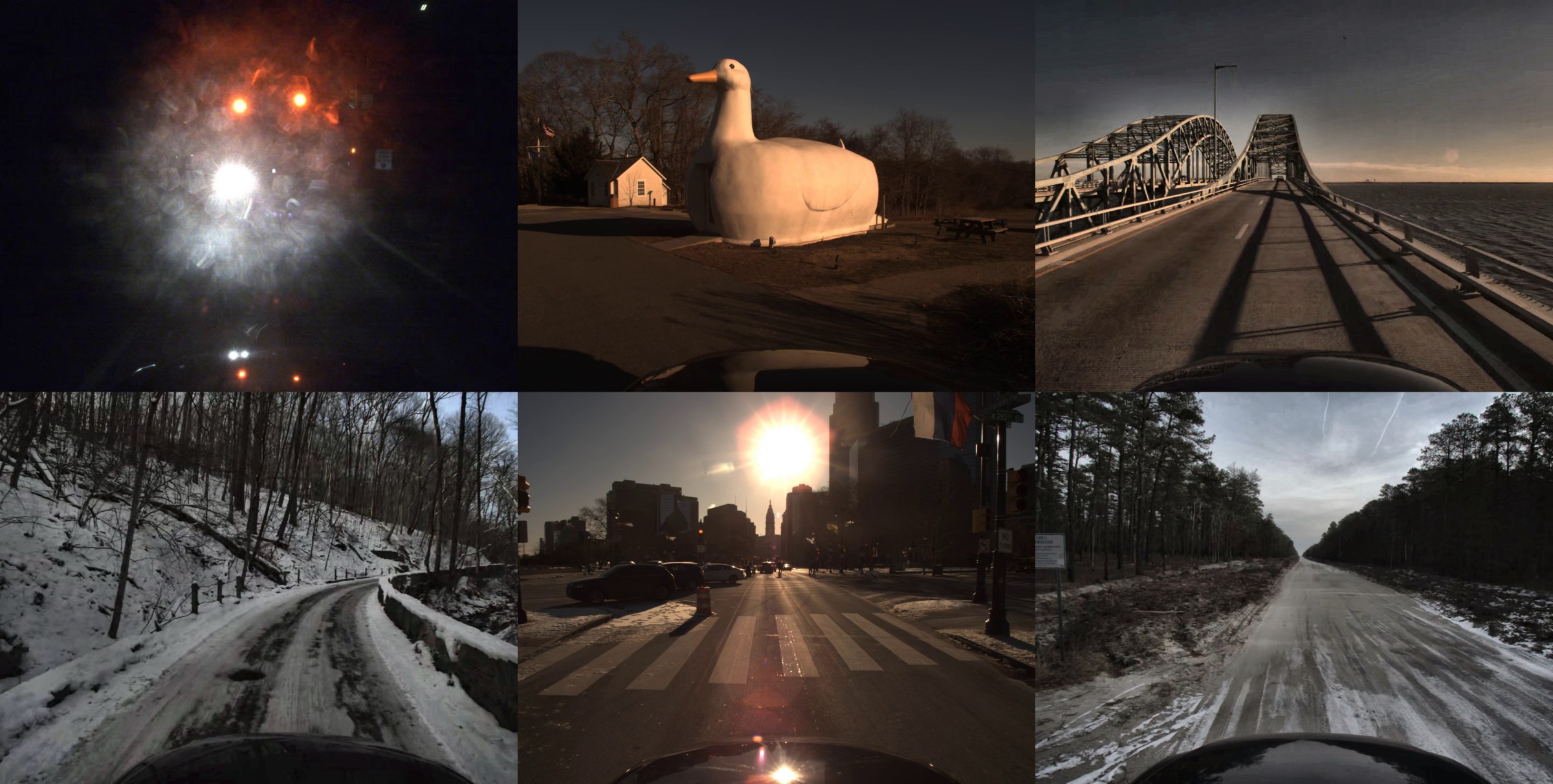 Representative OctoSense scenes: night glare, the Big Duck, a bridge over water, a snowy forest descent, sun glare toward Philadelphia City Hall, and a sandy pine-forest road