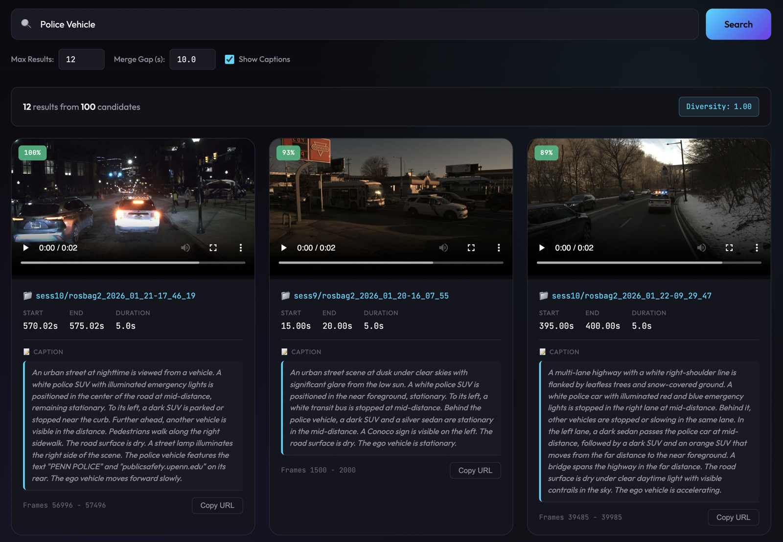 Semantic search web UI: the query 'Police Vehicle' returns ranked video clips with captions, source sequences, and timestamps